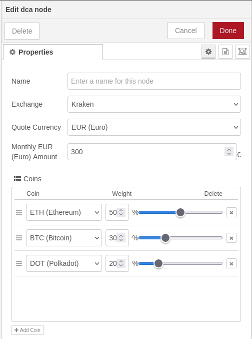 Example configuration for DCA node